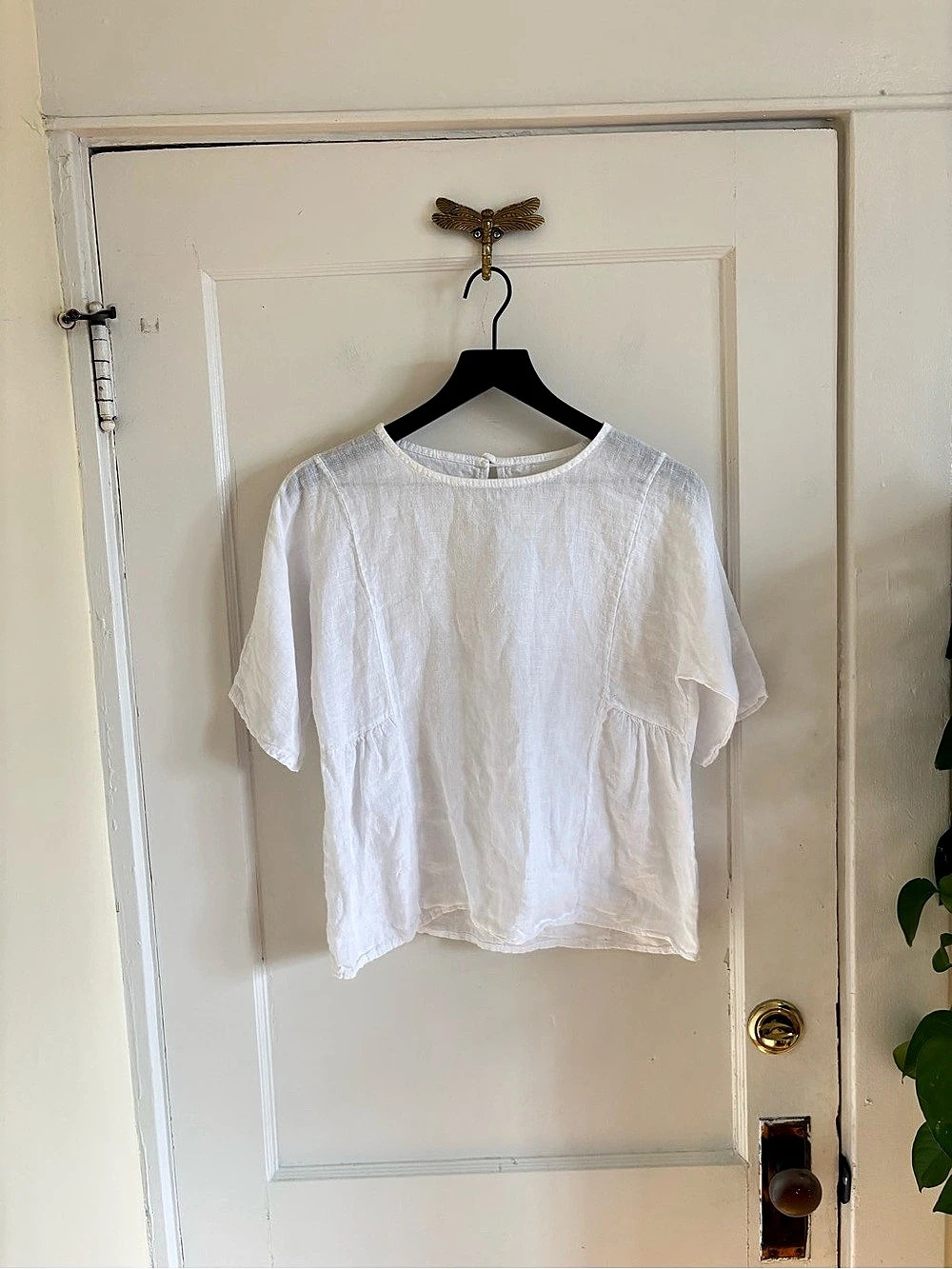 Italian Linen Boxy Lightweight Short Sleeve White Top Gathered Side Detail Small